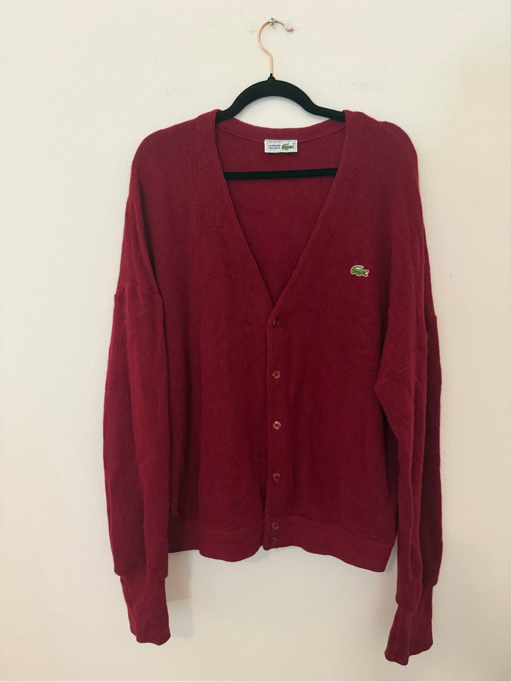 Vintage Chemise Lacoste Men’s Maroon 100% Wool Cardigan XL Made in France Preppy